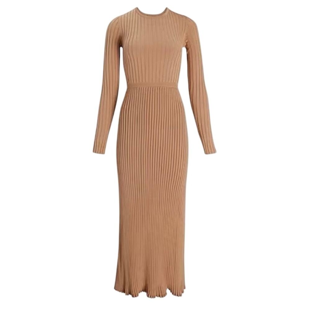 Express Women's Ribbed Crew-Neck Maxi Sweater Dress Beige Long Sleeve L Classic